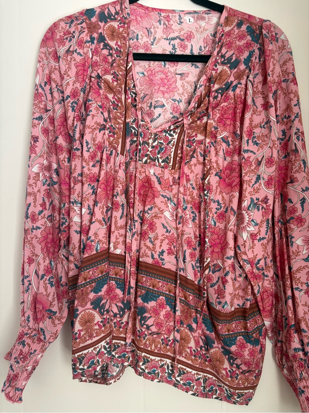 Boho Floral Tie-Neck Blouse - Pink